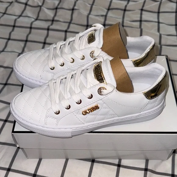 Guess Women's White and Gold Quilted Sneakers - Picture 2 of 9